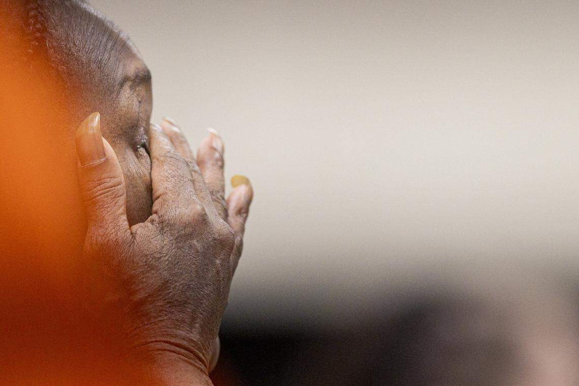 A person who was incarcerated wipes tears from their eyes during a Second Chance Academy class on Thursday, Aug. 7, 2025, at Fayette County Detention Center in Lexington, Ky. 