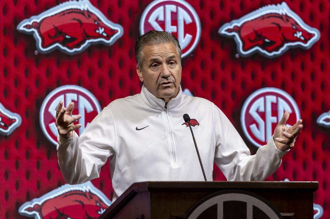 Arkansas head coach John Calipari talks to reporters at SEC media day in Birmingham on Tuesday.