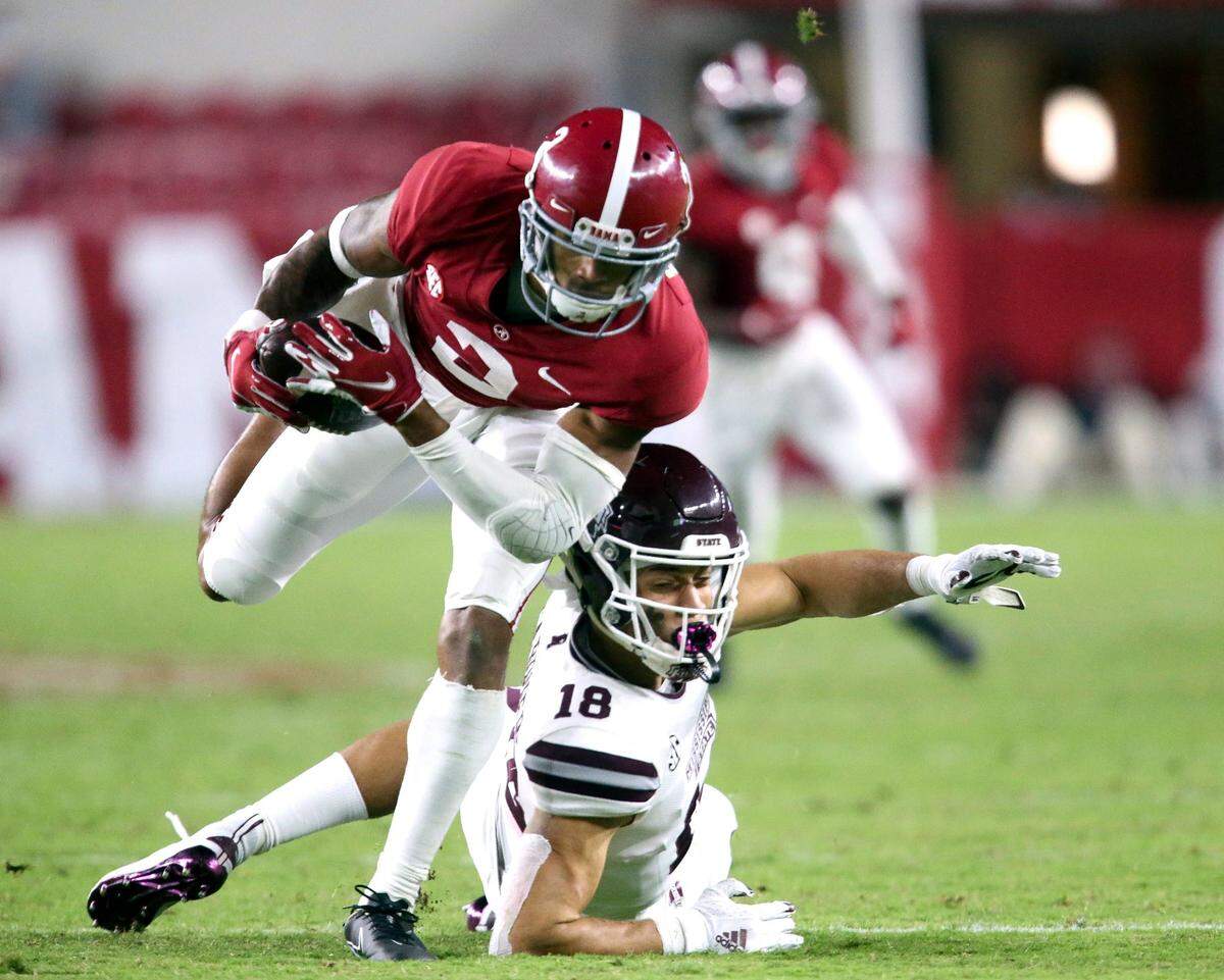 Alabama defensive back Patrick Surtain (2) returned this interception against Mississippi State for a touchdown. Surtain also has five pass breakups, two quarterback hurries and a fumble recovery.