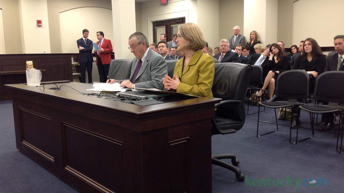 House Speaker Pro Tem Clark Larry Clark and state Parks Commissioner Elaine Walker present to a Senate committee House Bill 475, which would allow alcoholic beverage sales at state parks.
