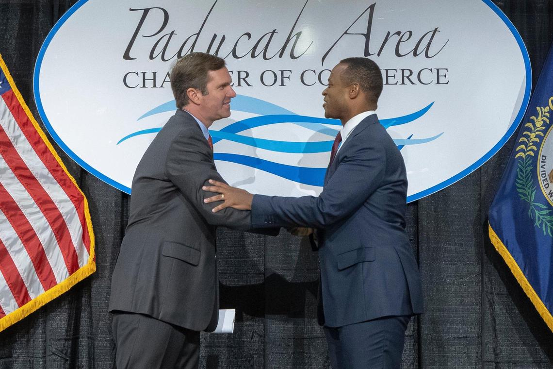 Democratic Gov. Andy Beshear and Attorney General Daniel Cameron (R) shake hands before debating issues in the gubernatorial election. For coverage of Thursday’s debate, visit kentucky.com.