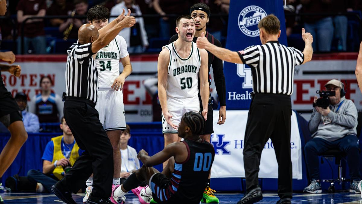 South Oldham’s Julian Miles (50) reacts after a play against Jeffersontown during a Sweet 16 quarterfinal game at Rupp Arena on Friday.