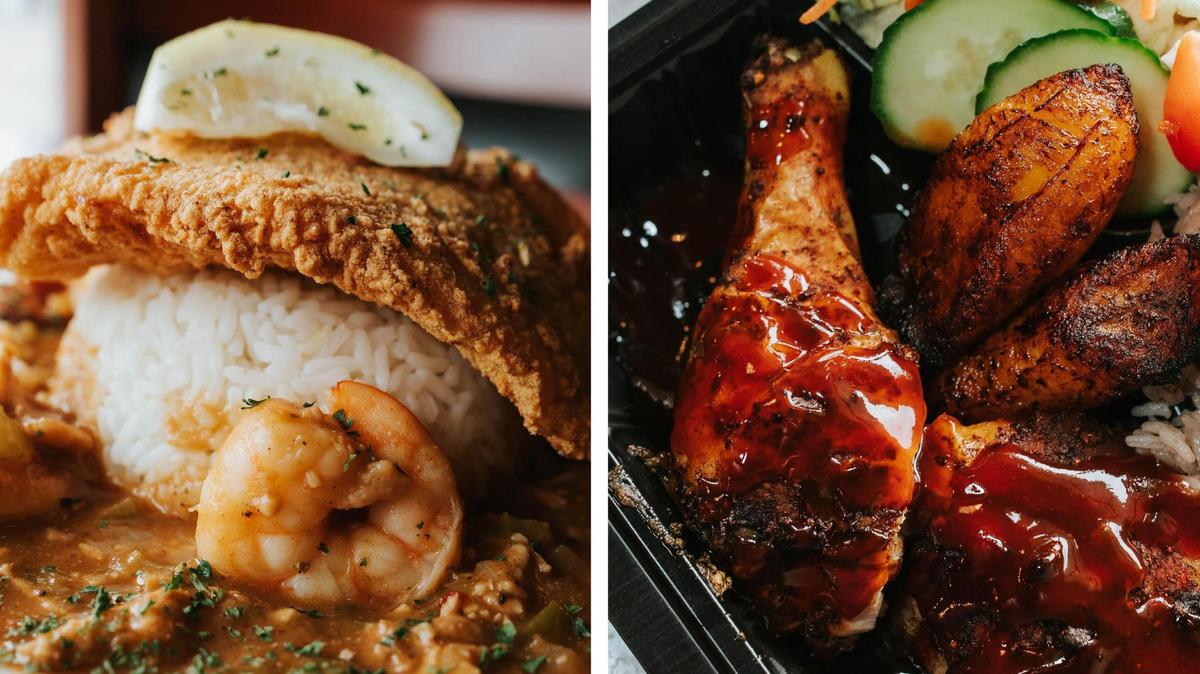 For Black Restaurant Week, Sassy Bleu Fine Southern Dining will serve gumbo with catfish, shown at left, while Irie Flavors has smoked Jerk Chicken.