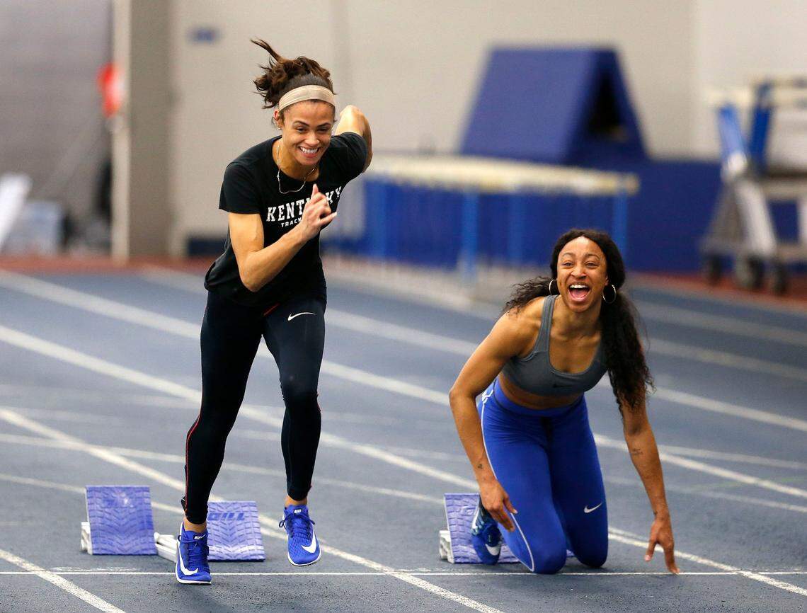 Kentucky teammates Sydney McLaughlin, left, and Jasmine Camacho-Quinn, right shared a laugh during a Wildcats practice in 2018. The multiple-time Olympic medal winners are part of UK’s 2024 Athletics Hall of Fame class of inductees.