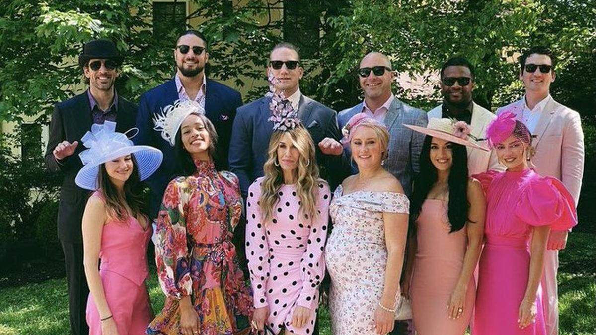 Green Bay Packers quarterback Aaron Rodgers (back row, furthest left), former UK All-American Randall Cobb (back row, second from right) and actress Shailene Woodley (front row, furthest left) were part of a celebrity crew who attended the 2021 Kentucky Derby.