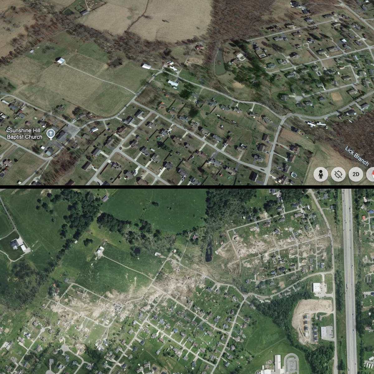 Satellite images show the Sunshine Hills community in Laurel county before (above) and after a deadly tornado hammered the region on Friday, May 16, 2025.