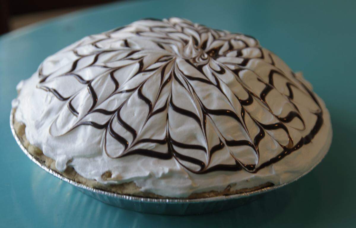 Black bottom banana pie, made with chocolate, bananas, cream and whipped cream and other good stuff at Missy’s Pies.