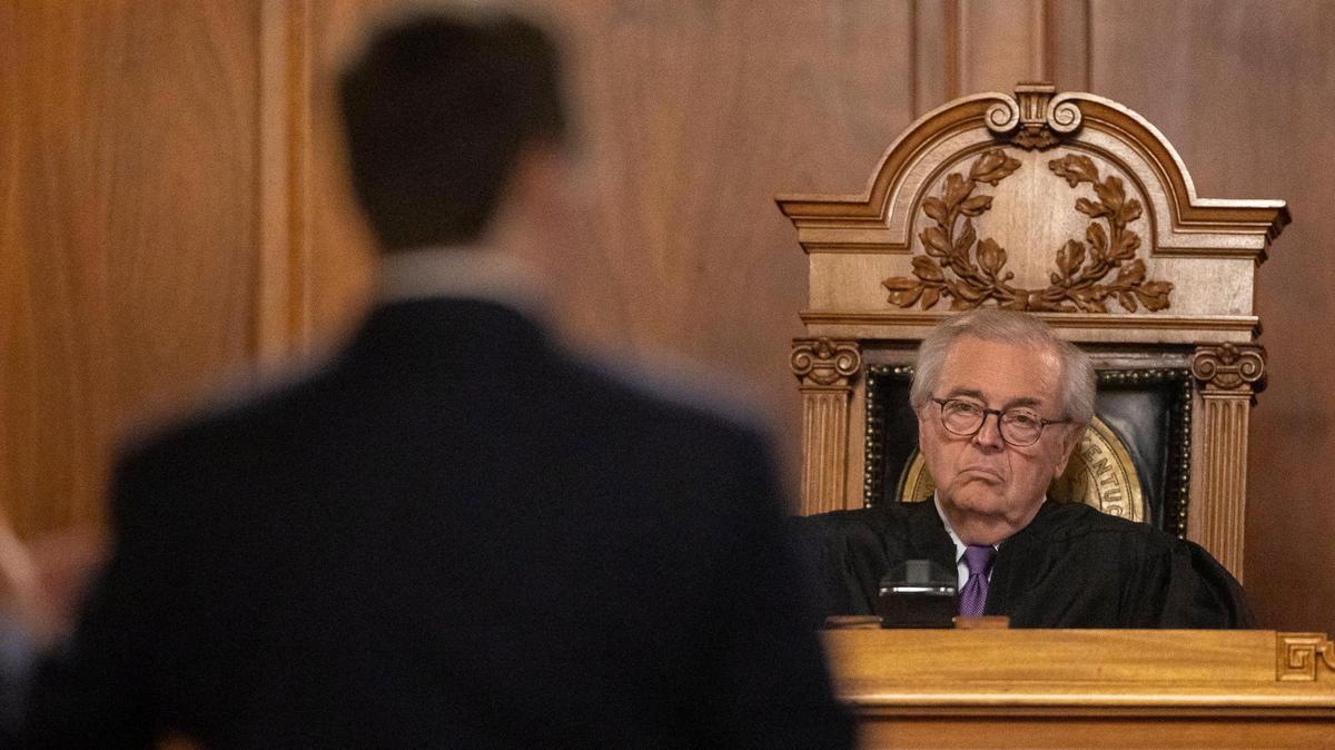 Kentucky Supreme Court Chief Justice John D. Minton Jr. listens as S. Chad Meredith, Kentucky solicitor general, makes arguments before the Kentucky Supreme Court at the state Capitol in Frankfort, Ky., on Thursday, June 10, 2021. The state’s highest court heard arguments in a case that will decide whether the state legislature can limit Beshear’s emergency powers.
