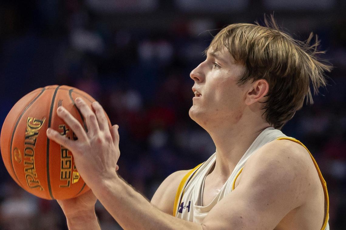 Lyon County’s Travis Perry looks to shoot the ball against Newport during the Boys’ Sweet 16 tournament at Rupp Arena on Thursday.