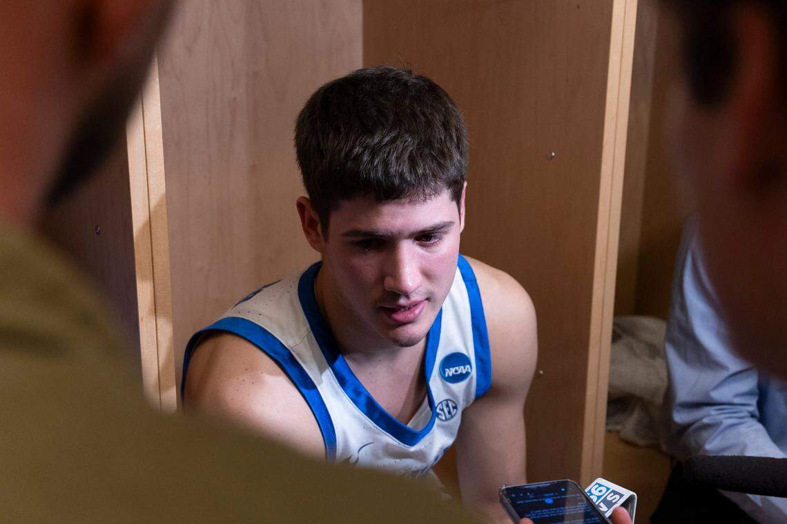 Kentucky guard Reed Sheppard speaks with reporters in the locker room after Oakland defeated the Wildcats in the first round of the NCAA Tournament at PPG Paints Arena in Pittsburgh.