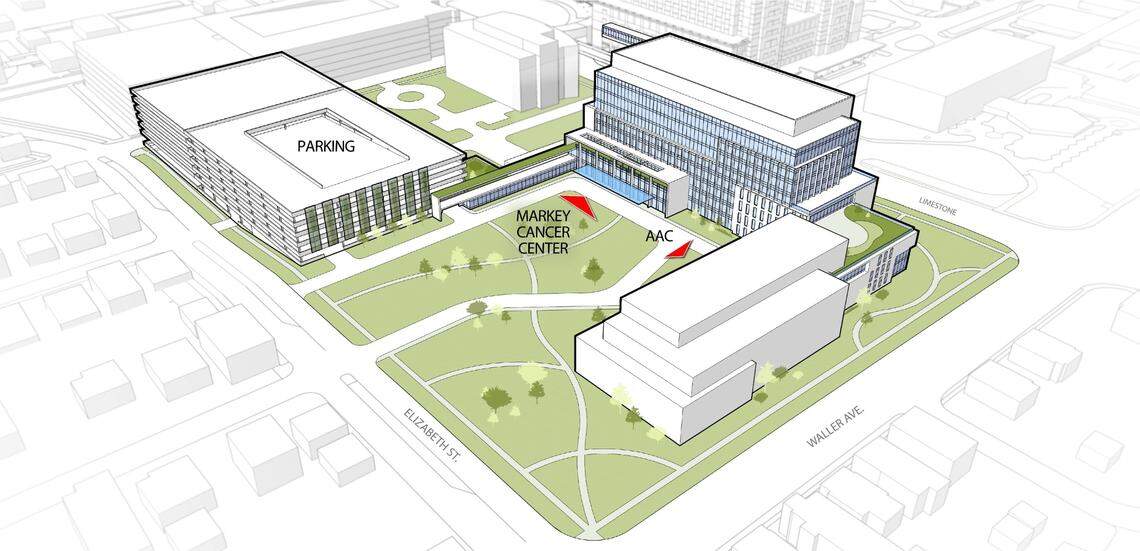 A line drawing of the new cancer and ambulatory complex for UK HealthCare, located on South Limestone. The board of trustees approved these updated plans on Dec. 13, 2022, which will provide expanded cancer treatment for Kentuckians.