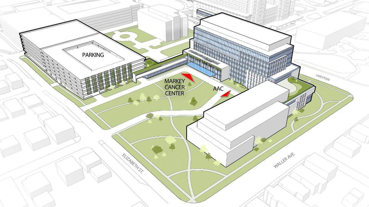 A line drawing of the new cancer and ambulatory complex for UK HealthCare, located on South Limestone. The board of trustees approved these updated plans on Dec. 13, 2022, which will provide expanded cancer treatment for Kentuckians.