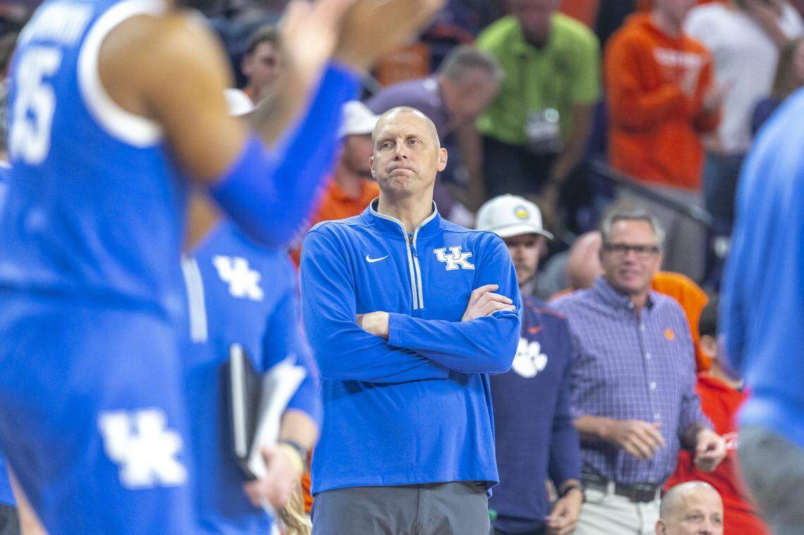 Kentucky head coach Mark Pope reacts during Tuesday’s game against Clemson at Littlejohn Coliseum in Clemson, S.C.