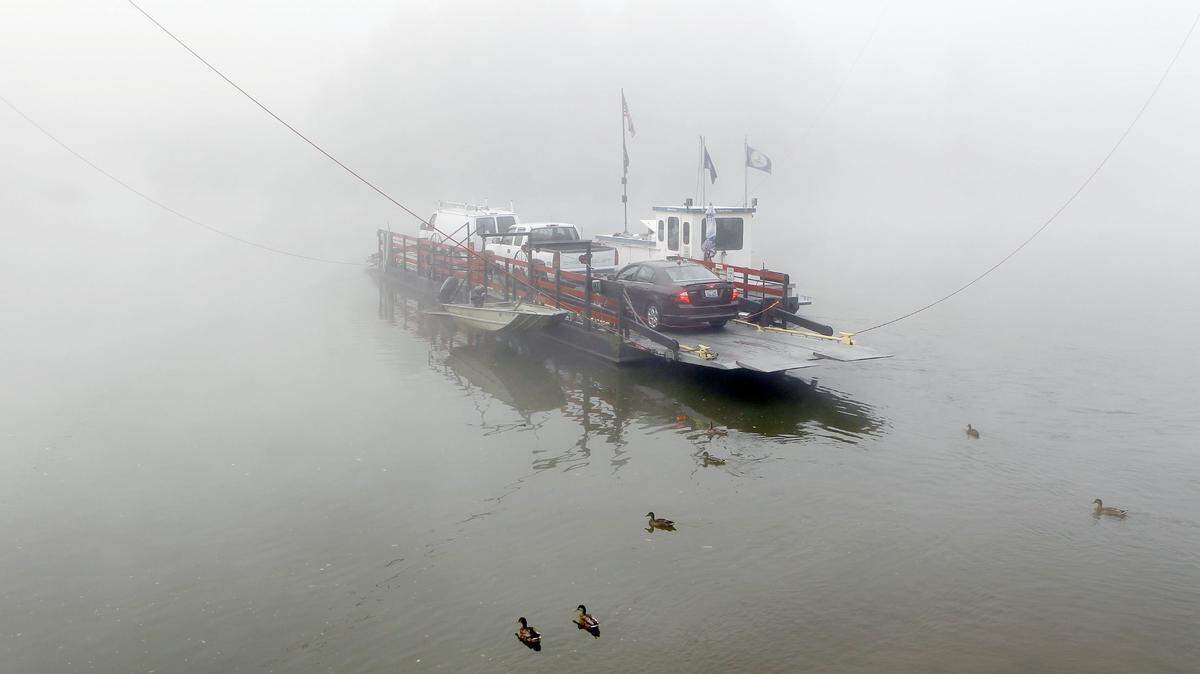 A flock of ducks offered an escort as the Valley View Ferry crossed the foggy Kentucky River at the end of Tates Creek Rd. near Nicholasville, Ky., Wednesday, August, 22, 2012. The fog is forecast to clear by mid-morning with sunny skies expected this afternoon. The ferry operates Mon.-Fri. 6 a.m.-8 p.m. and Sat.-Sun. 8 a.m.-8 p.m. Photo by Charles Bertram | Staff