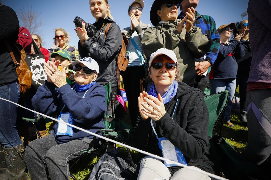 Pat Hume, left, and her daughter Susan Pilon, both of Lexington, cheered for Buck Davidson and Park Trader at the Head of the Lake. Hume and Pilon have attended every Kentucky Three-Day Event since 1978. Buck's father, Bruce Davidson, is their favorite rider and they always root on the Davidson colors.