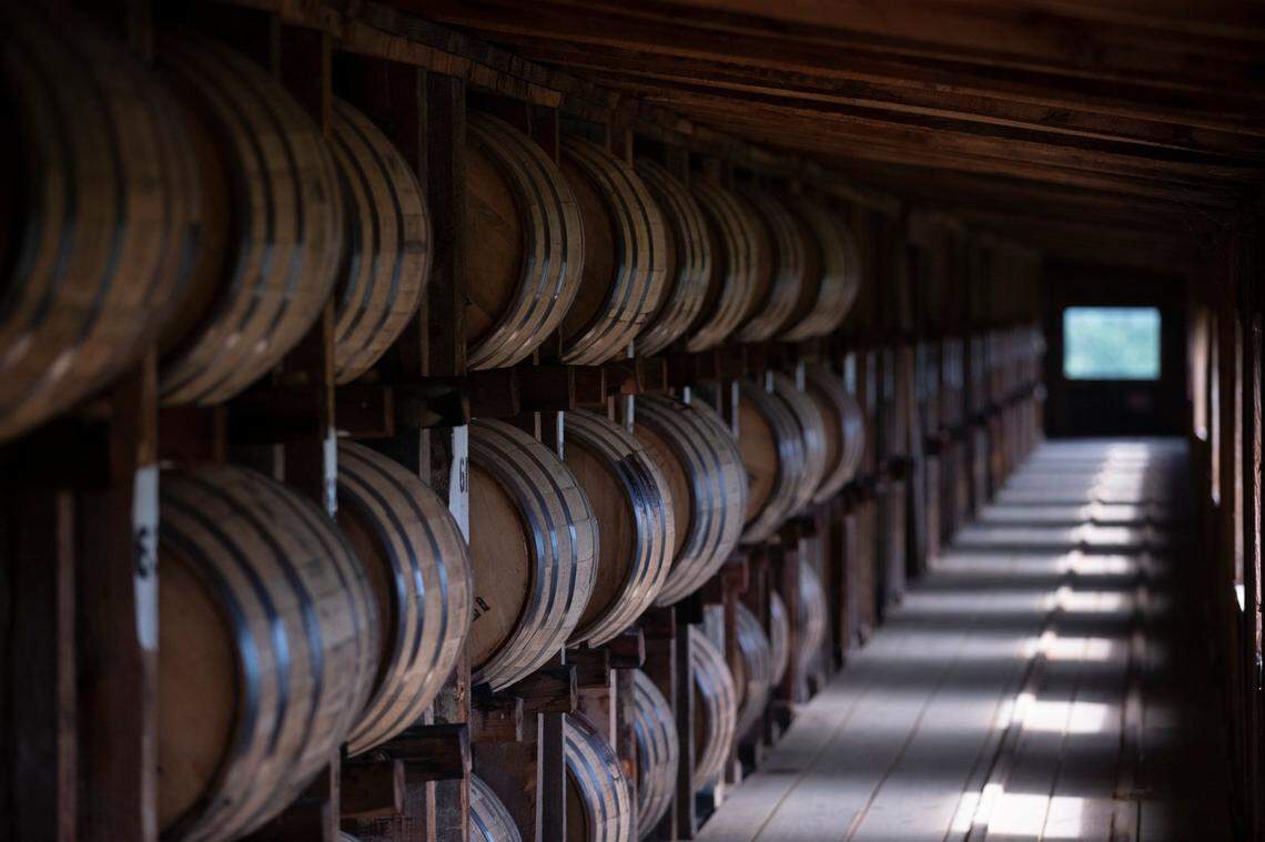 Bourbon barrels are aged in a warehouse at Maker’s Mark Distillery in Loretto, Ky., on Thursday, Aug. 10, 2023.