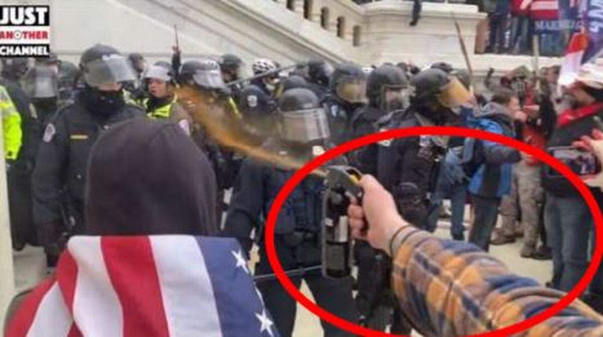 Peter Schwartz is accused of spraying mace at cops during the Capitol riot on Jan. 6, 2021, according to the FBI. The FBI used images like this one to help identify Schwartz.