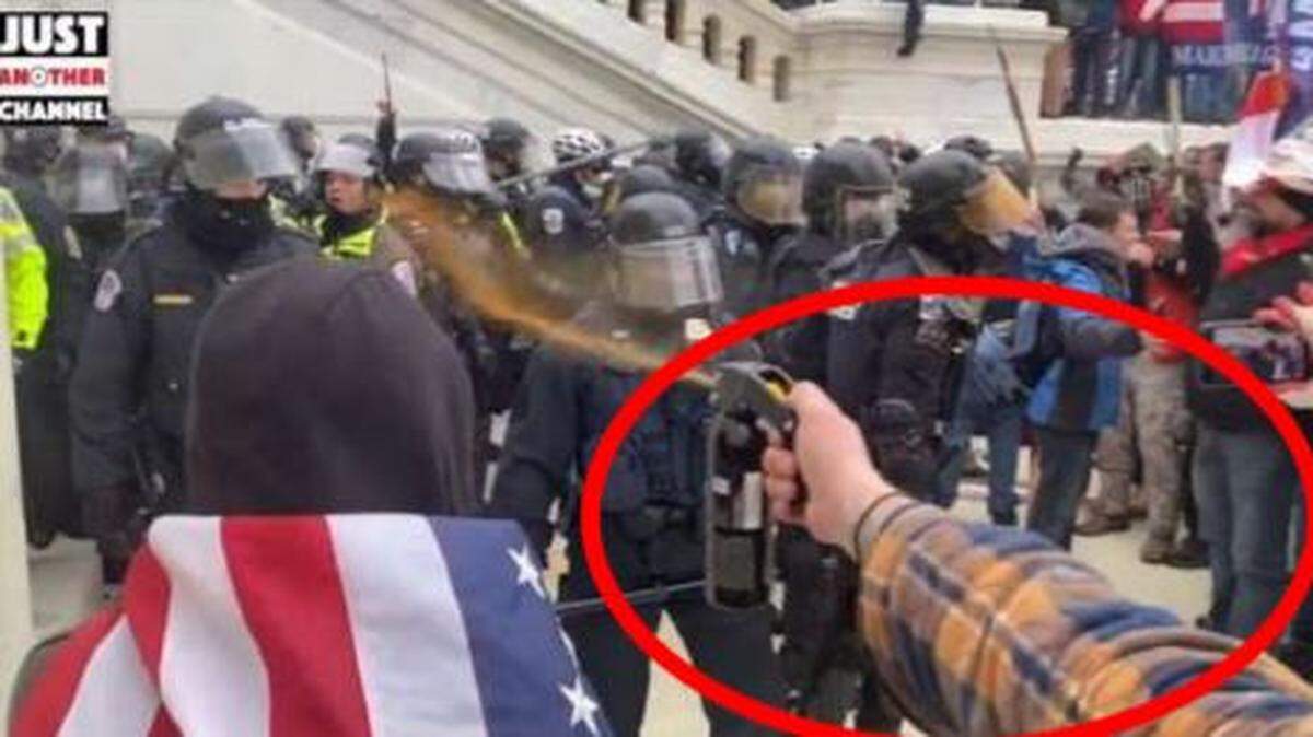 Peter Schwartz is accused of spraying mace at cops during the Capitol riot on Jan. 6, 2021, according to the FBI. The FBI used images like this one to help identify Schwartz.