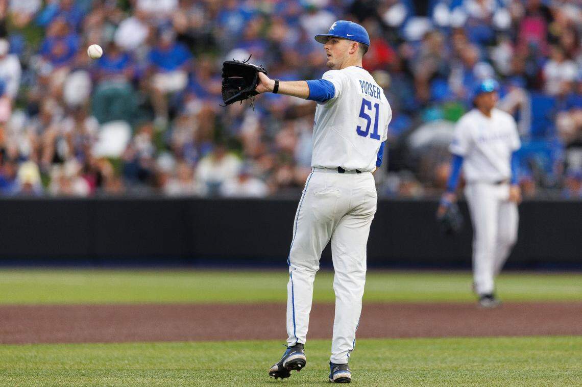 Jun 8, 2024; Lexington, KY, USA; Kentucky Wildcats pitcher Trey Pooser (51) gets the ball back from a teammate after an out during the fourth inning Oregon State Beavers at Kentucky Proud Park. Mandatory Credit: Jordan Prather-USA TODAY Sports