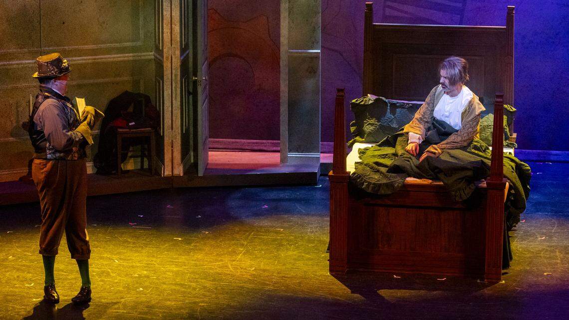 Ebenezer Scrooge, played by Denis Lambert, is greeted by the Ghost of Christmas Past, played by Michael Di Liberto. Liberto is known for his work on Broadway (”Wicked,” “Tammy Faye”), Off-Broadway (”Titanique”) and TV shows like “Hit & Run,” “Mr. & Mrs. Smith,” “The Blacklist” and “Elsbeth.”