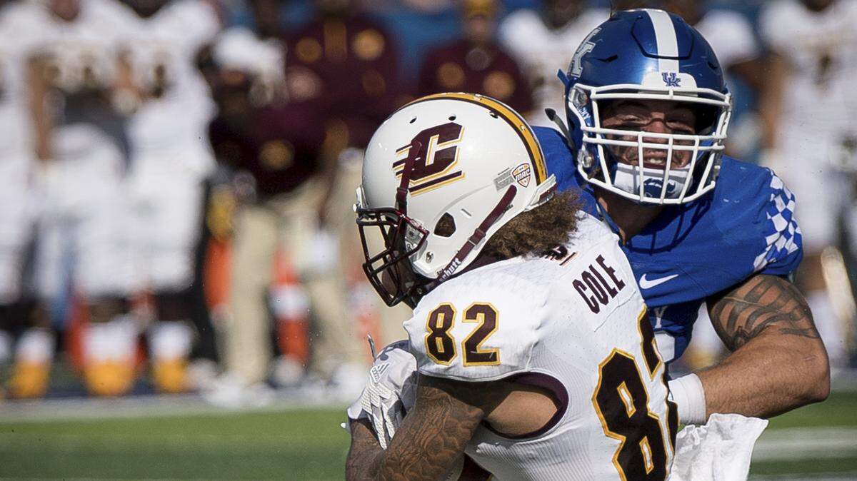 Kentucky linebacker Kash Daniel tackled Central Michigan wide receiver Cameron Cole in the first half on Saturday. With 11 tackles on Saturday, Daniel leads the SEC in that category.