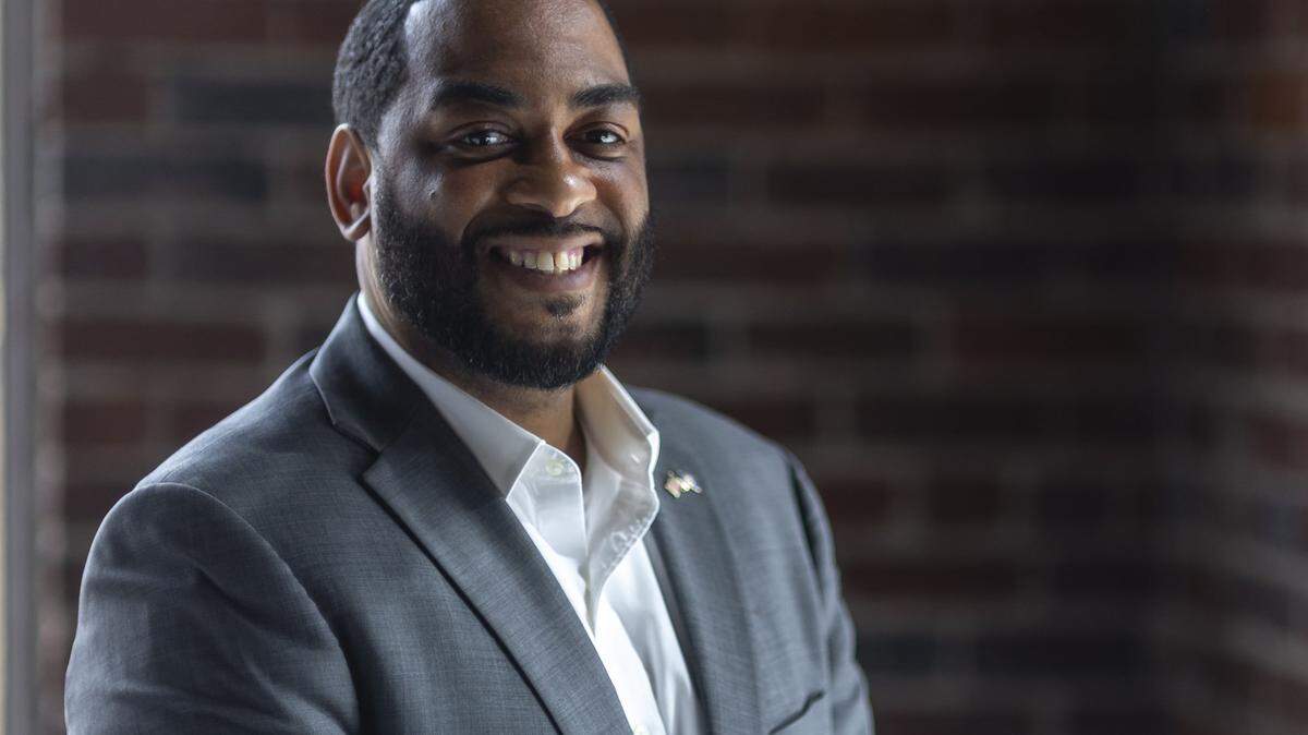 Charles Booker, a Democrat running for the U.S. Senate, is photographed at the Lexington Herald-Leader office in Lexington, Ky., on Thursday, April 2, 2026.