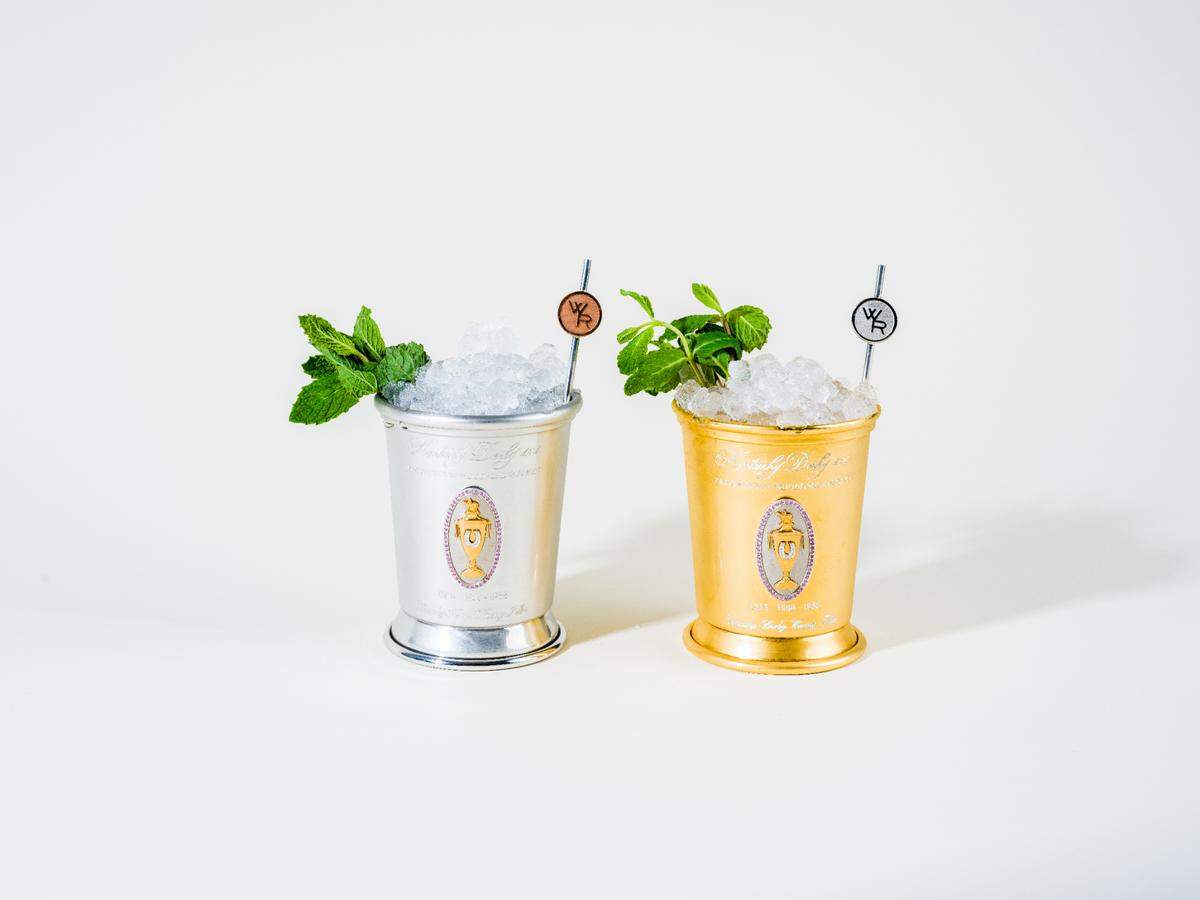 The 2025 Woodford Reserve mint julep cups are available in pewter with silver and gold accents for $1,000 or in gold with silver accents.