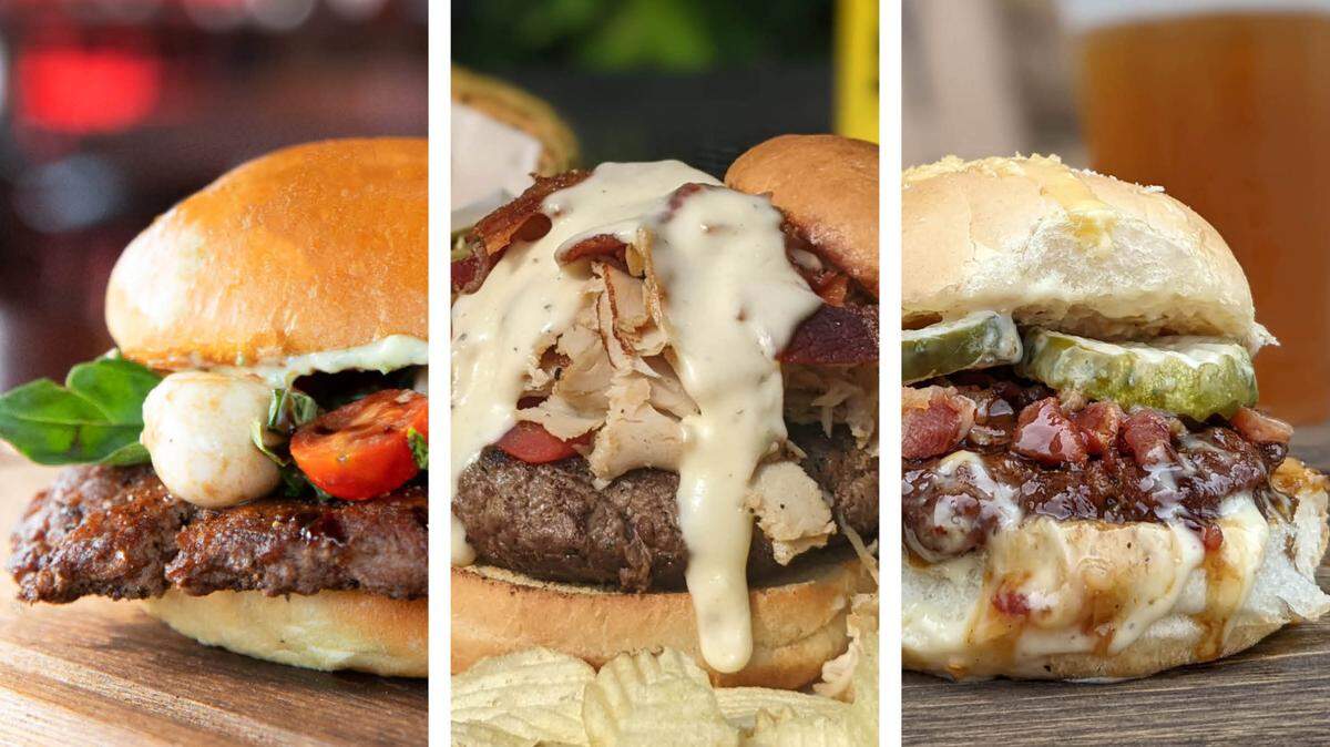 From left, the Caprese Burger from Drake’s, the Hot Brown Burger from Stella’s Kentucky Deli and the Tipsy Bacon Ranch Steak Burger from Big City Pizza.