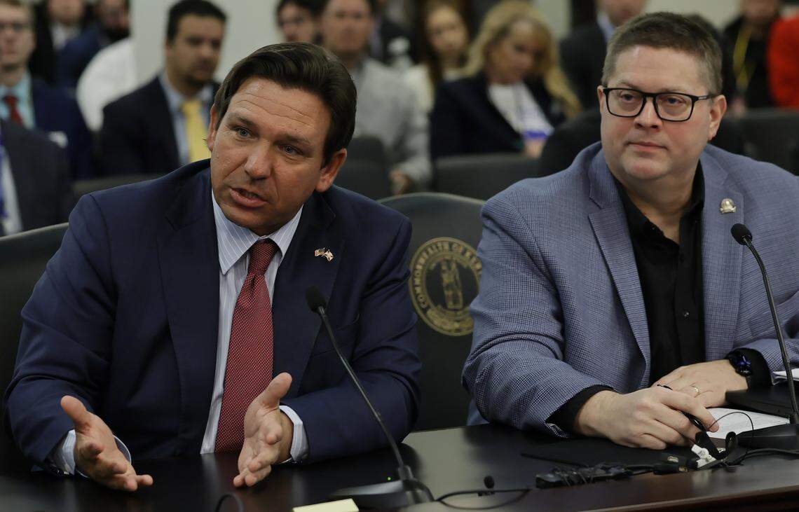 Florida Governor Ron DeSantis and Rep. Jason Petrie, R-Elkton, present House Concurrent Resolution 45, a proposal related to amending the U.S. Constitution, to a committee on Feb. 18, 2026.