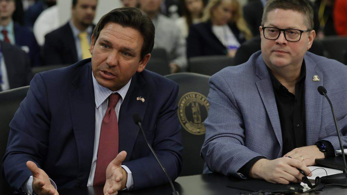 Florida Governor Ron DeSantis and Rep. Jason Petrie, R-Elkton, present House Concurrent Resolution 45, a proposal related to amending the U.S. Constitution, to a committee on Feb. 18, 2026.