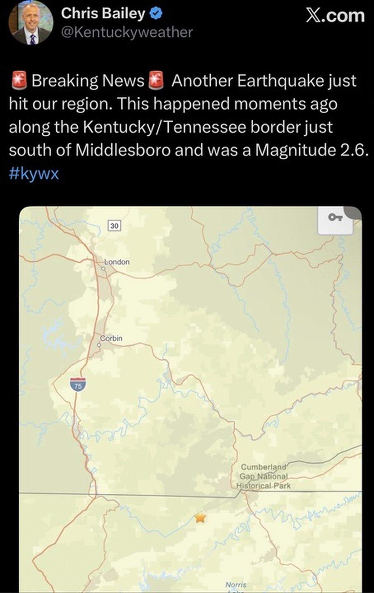 Meteorologist Chris Bailey announces a 2.6-magnitude earthquake struck south of Middlesboro in this Jan. 4 tweet on X.