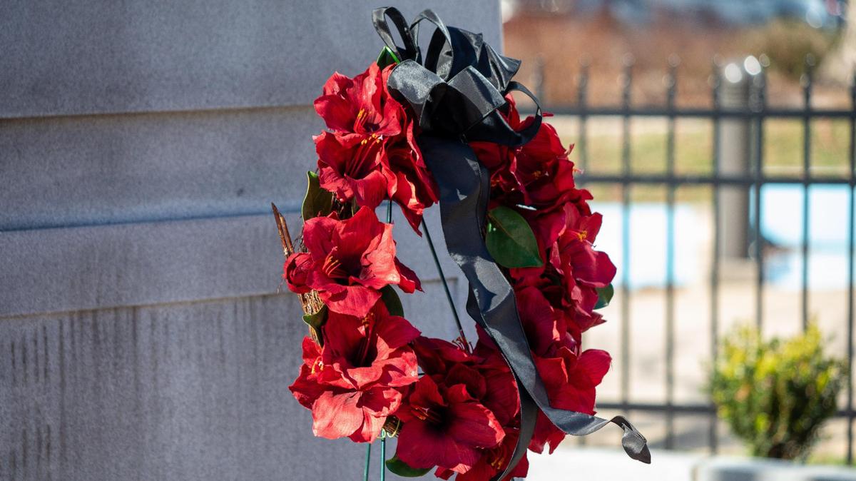 A wreath in remembrance of Brenda Cowan, Lexington’s first Black female firefighter who died on duty in 2004, was placed in front of the Lexington Fallen Firefighter’s Monument at Phoenix Park. February 13, 2024.