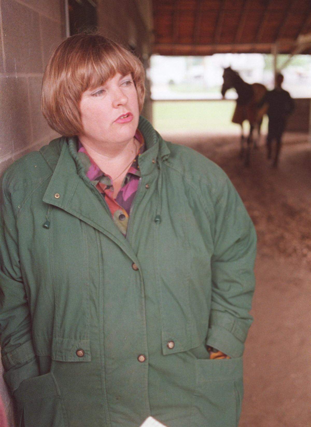 Trainer Shelley Riley at Churchill Downs before her horse, Casual Lies, ran second in the 1992 Kentucky Derby. Riley went on to become the first female trainer to campaign a horse through the entire Triple Crown when Casual Lies followed up his Derby showing by running third in the Preakness and fifth in the Belmont.
