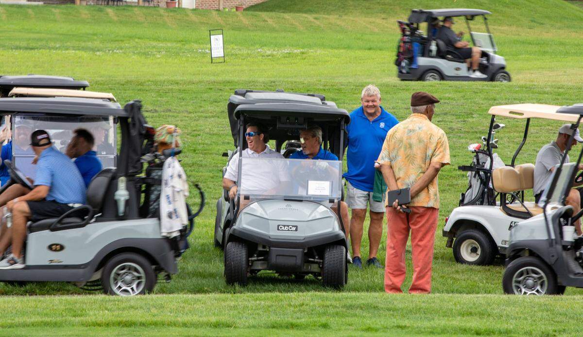 Participants headed on out to the golf course at the start of the Schlarman Strong/Kentucky Football Alumni golf scramble on Monday at Keene Trace Golf Club in Nicholasville.