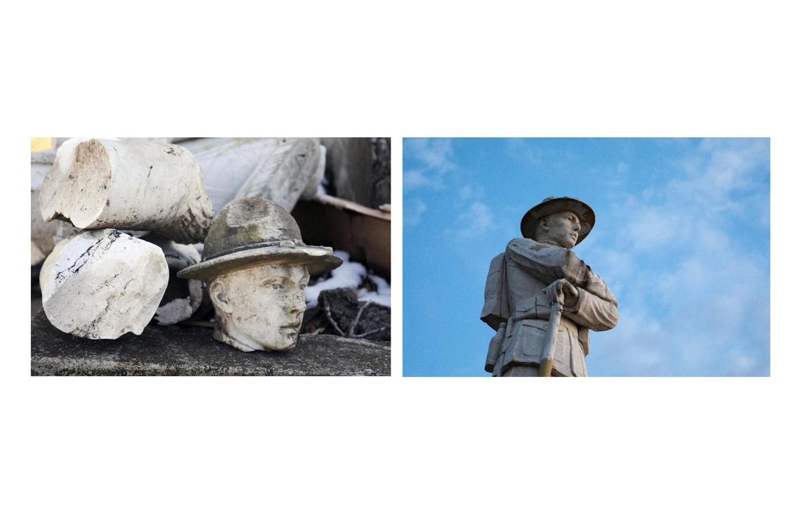 (Left) The marble statue of a doughboy lies in pieces at the foot of the World War I memorial outside the century-old Morgan County Courthouse on Tuesday March 6, 2012 in West Liberty. (Right) The statue of a doughboy stands in front of the Morgan County Courthouse in West Liberty, Ky., Wednesday, December 15, 2021. Morgan County suffered 6 fatalities and significant damage.