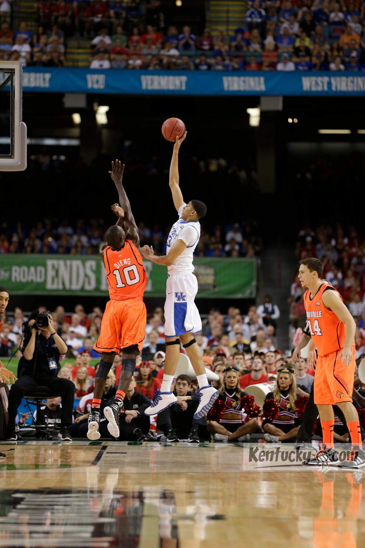 Kentucky star Anthony Davis (23) shot over Louisville’s Gorgui Dieng (10) in UK’s 69-61 victory over U of L in the 2012 Final Four.