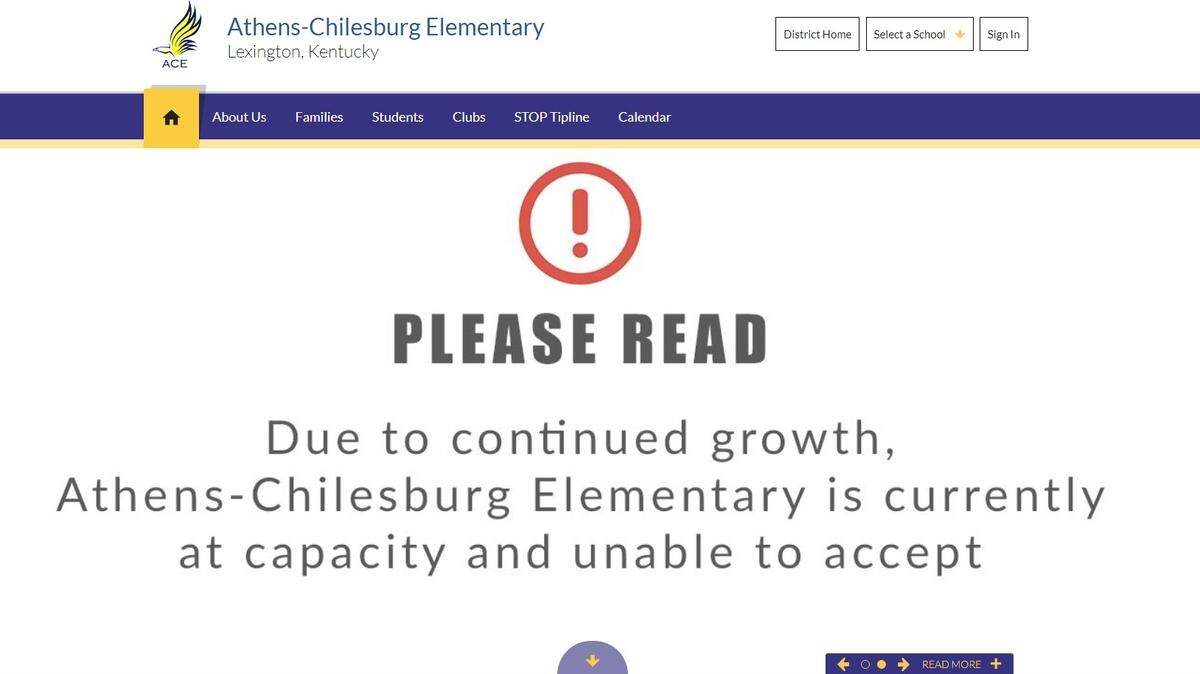 The homepage of the Athens-Chilesburg Elementary School Tuesday included a large, unusual warning to prospective parents that the school is at capacity.