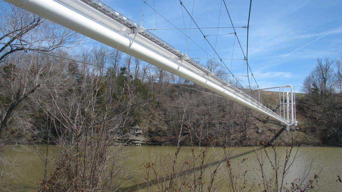 The Tennessee Gas Pipeline is suspended over the Dix River and Herrington Lake between Garrard and Boyle counties. The line, most of which is underground, was completed in 1944 as a part of a wartime effort to supply natural gas to the Northeast. Under a proposal, the line would be converted to transport natural gas liquids, and the flow would be reversed to move product from the Northeast. The proposal would also bury this segment of line in the rock beneath the lake.