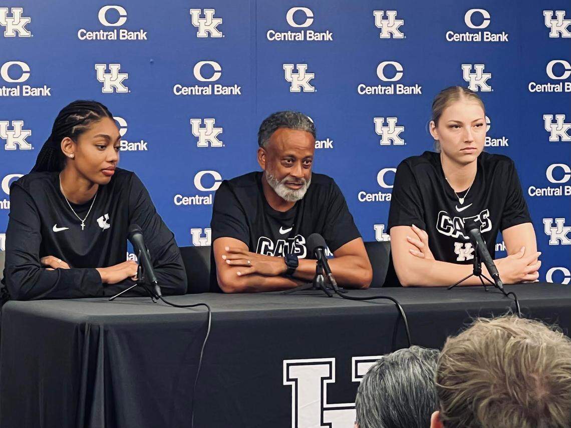 Kentucky women’s basketball head coach Kenny Brooks and returning starters Teonni Key and Clara Strack address the media during the first availability of the summer on Tuesday.