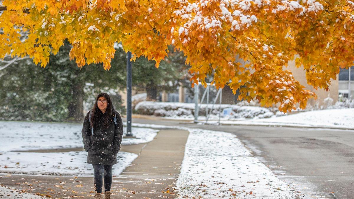 Johana Campos, of Morehead, a sophomore at the University of Kentucky, walked to class in the snow on the UK campus Tuesday.