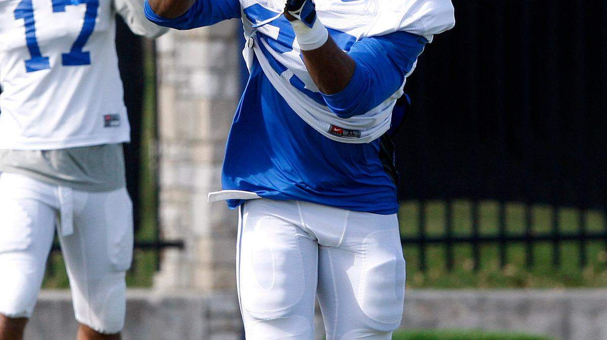 Safety Darius West during UK football practice on the Tim Couch Practice Fields at UK in Lexington, Ky., March 28, 2015. Photo by Matt Goins