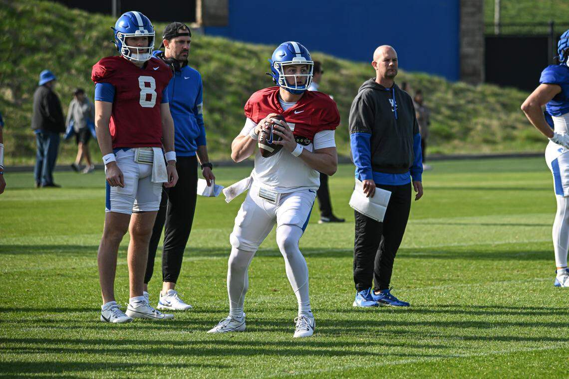 Incarnate Word transfer Zach Calzada, right, is expected to start at quarterback for Kentucky in 2025, but redshirt freshman Cutter Boley, left, will be given extended reps in preseason practice.