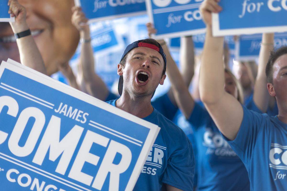 U.S. Rep. James Comer (R-Ky.) supporters cheer as Comer delivers a speech during the political speaking at the 145th annual St. Jerome Fancy Farm Picnic in Fancy Farm, Ky., on Saturday, Aug. 2, 2025.
