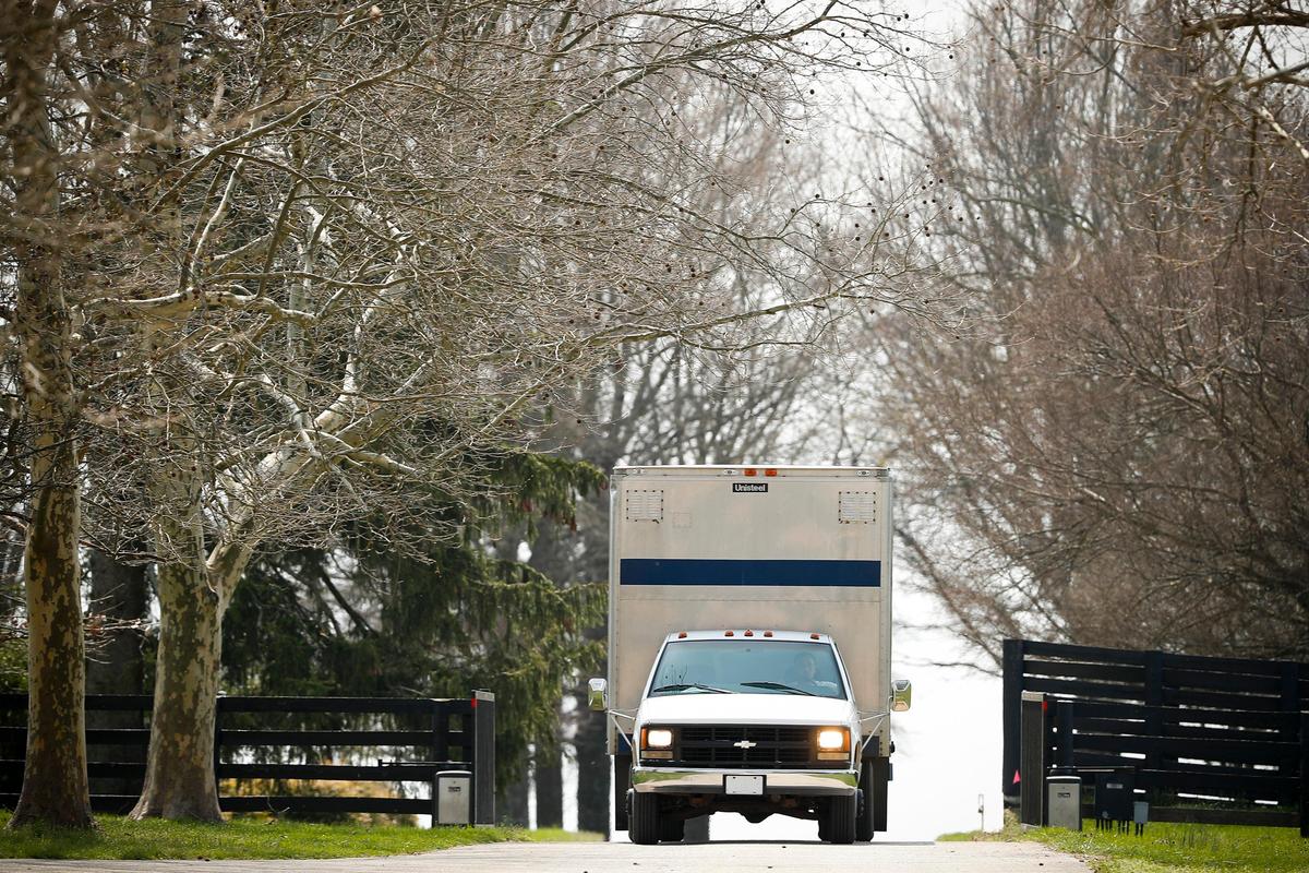 The mare Memorial Wall is transported by van Friday to breed with Oscar Performance. She came from on Mill Ridge Farm; mares traveling from one Thoroughbred farm to another to breed now go through stringent biosecurity measures.