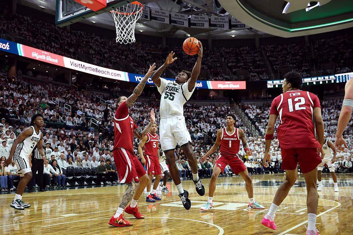 Michigan State forward Coen Carr (55) scored 15 points and had seven rebounds in the Spartans’ 69-66 win against Arkansas.