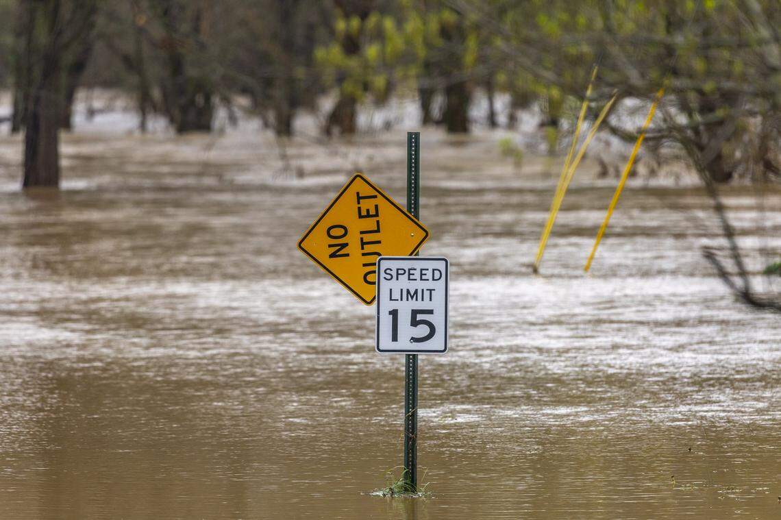 Hanging Fork Creek floods Elliott Road in Lincoln County, Ky., on Friday, April 4, 2025.