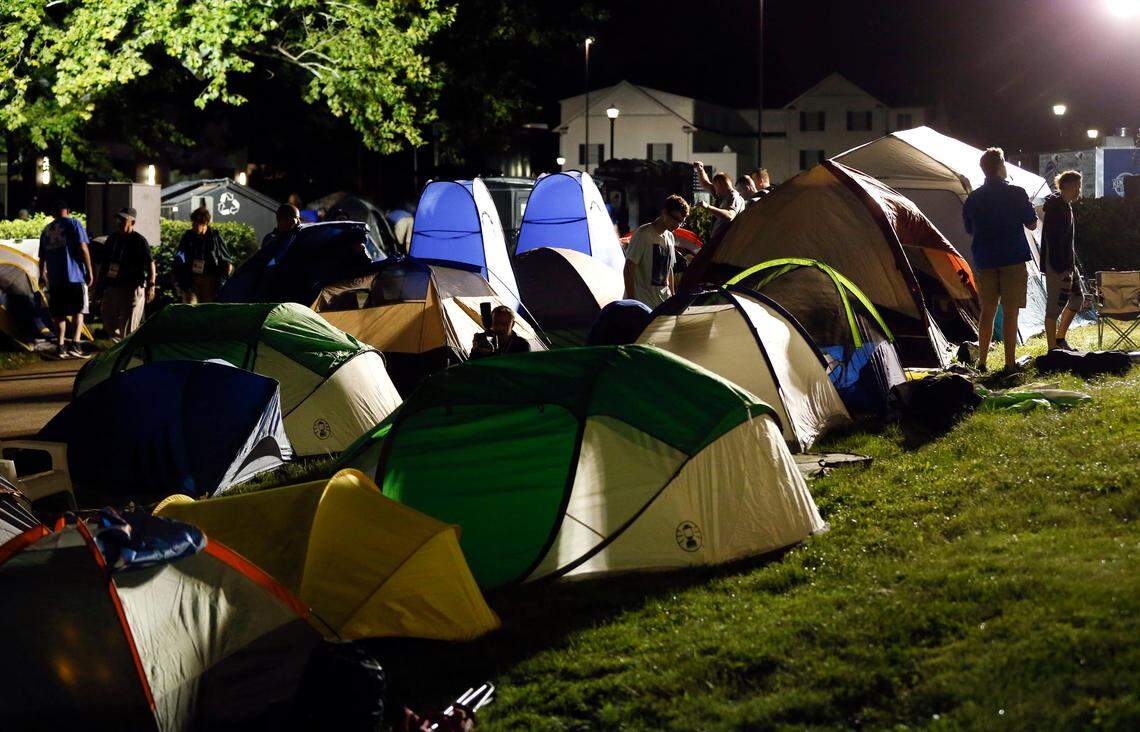 Tents were set up in the areas surrounding Memorial Coliseum starting at 5 a.m. in 2018 on the University of Kentucky campus as part of the Big Blue Madness campout.