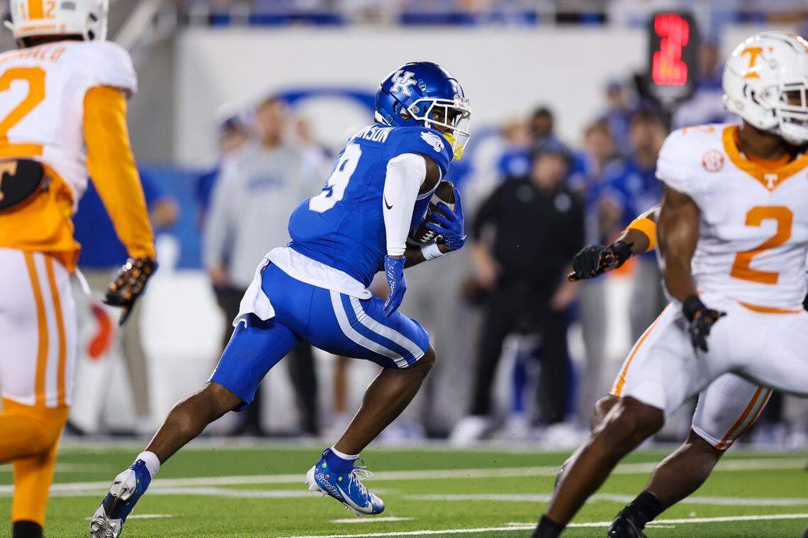 Kentucky Wildcats wide receiver Tayvion Robinson (9) runs the ball against Tennessee after a catch during the game at Kroger Field in Lexington, Ky, Saturday, October 28, 2023.