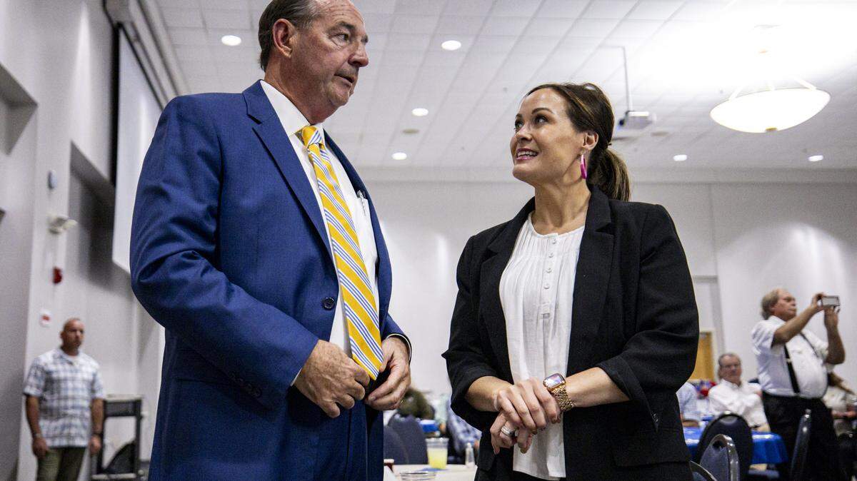 Lt. Gov. Jacqueline Coleman, right, speaks with Rocky Adkins, left, during the annual Wendell H. Ford Dinner on Tuesday, Sept. 30, 2025, at Clay Community Center in Mt. Sterling, Ky.