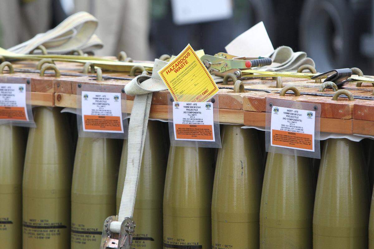 Simulated projectiles sat outside a storage igloo where chemical weapons are stored at the Bluegrass Army Depot in Richmond. Workers used fake projectiles to practice moving the real weapons to a special container and ultimately to the plant at the depot where the chemicals will be destroyed.